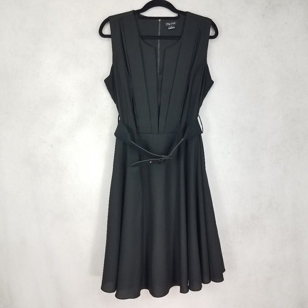 City Chic Midi Fit & Flare Black Dress Sleeveless Belted Plus S 16 Preppy Casual